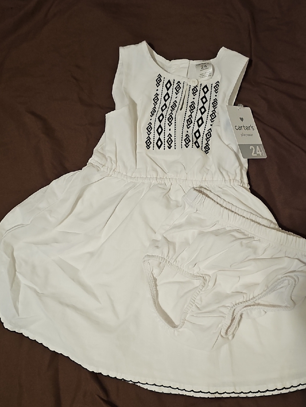 Carter's White Cotton Dress with Black Embroidered Panel